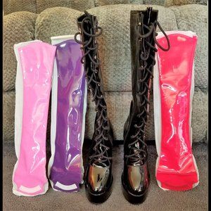 Ellie Black Patent 5" Chunky Heel Platform GoGo Boots w/Interchangeable tongues